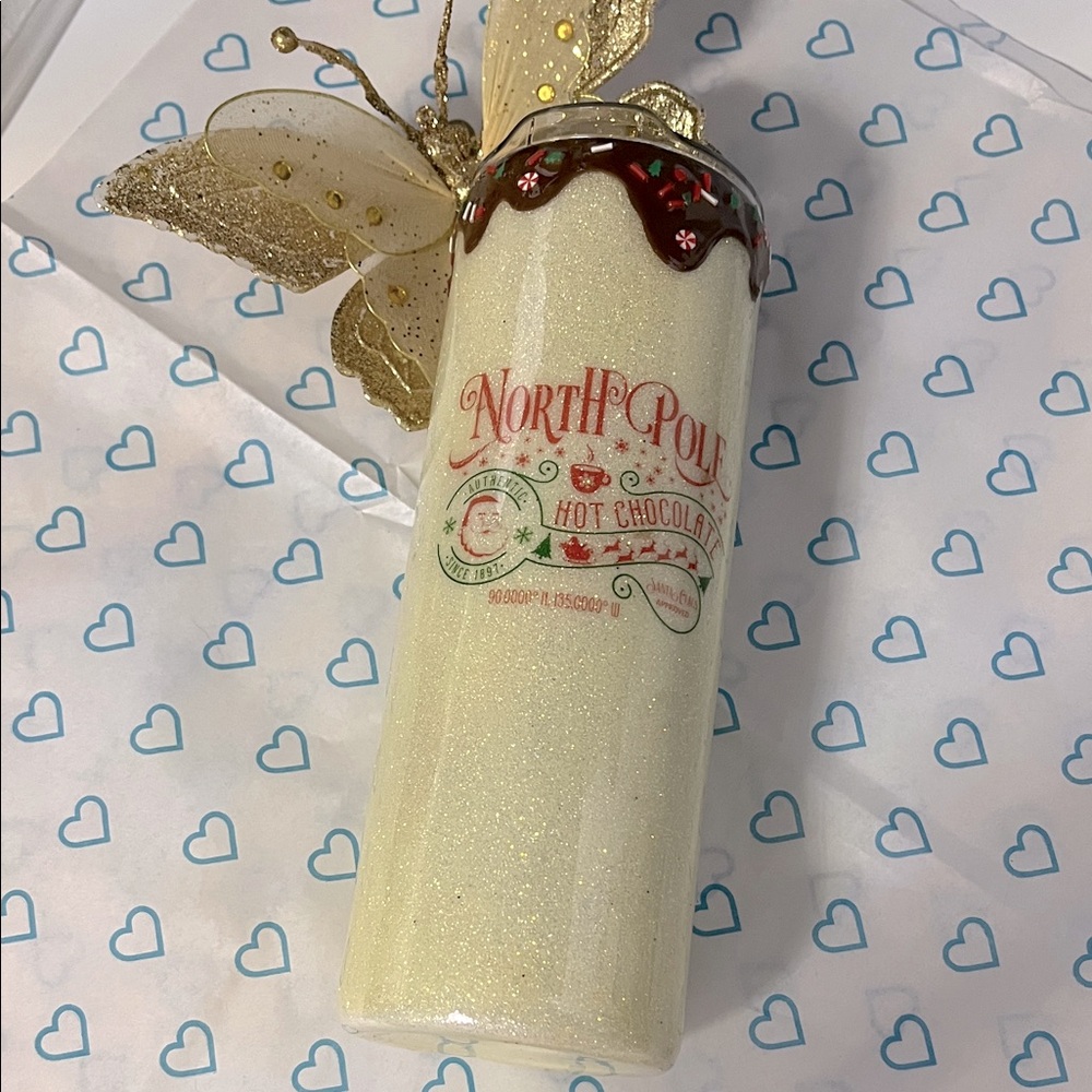 Christmas 🎄 New North Pole & Hot Chocolate 24 Oz Glitter Tumbler with Straw